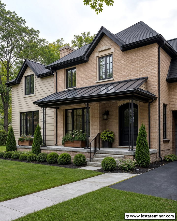 Tan Brick House With Black Covered Porch - 30 Tan House Design With Front Porch Ideas