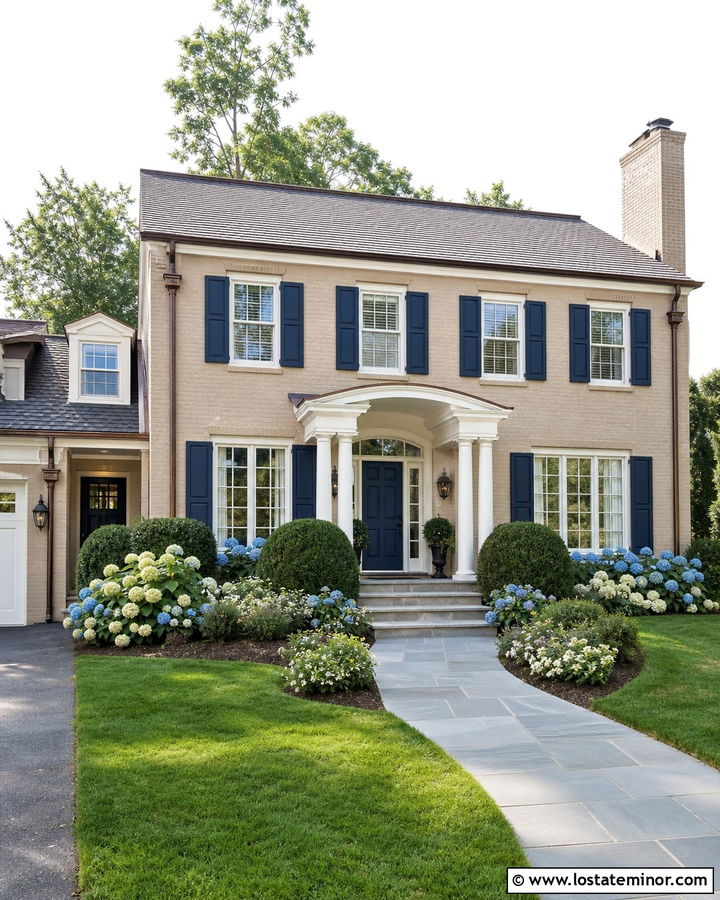 Tan Brick House With Blue Door And Hydrangeas - 30 Tan House Design With Front Yard Ideas