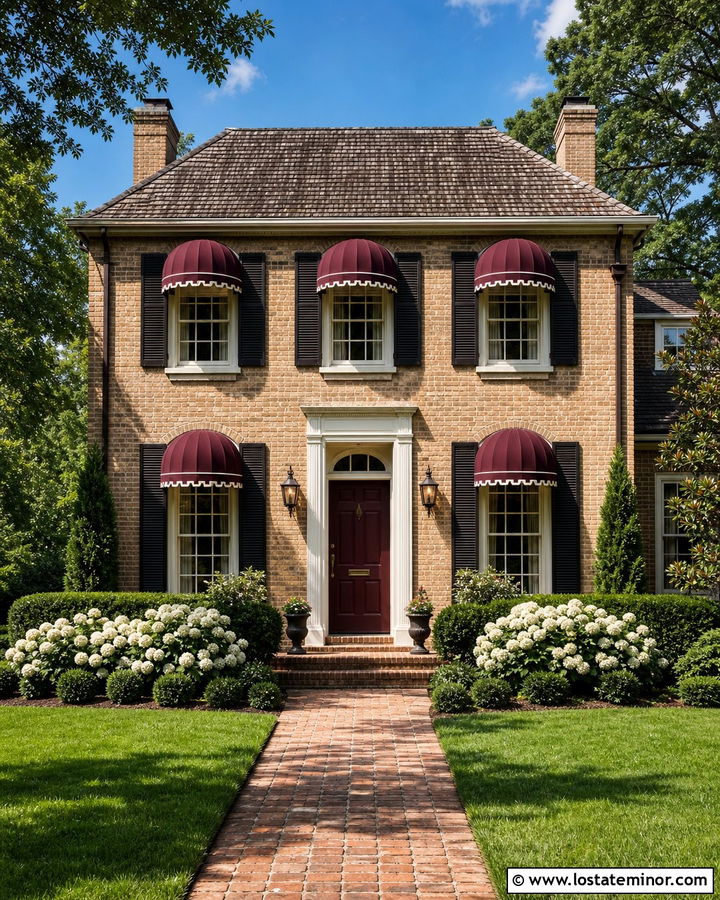 Tan Brick House With Burgundy Awnings - 30 Tan House Design With Awning Ideas