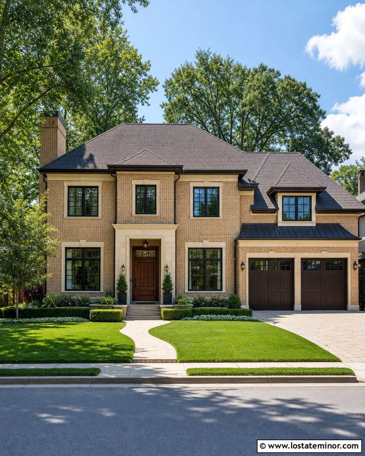 Tan Brick House With Dark Window Frames - 30 Tan House Design With Window Frames Ideas