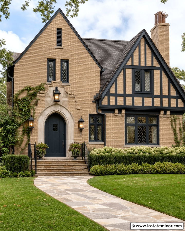 Tan Brick House With Iron Lights - 30 Tan House Design With Light Fixtures Ideas