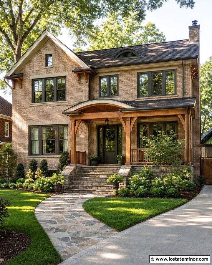 Tan Brick House With Natural Cedar Porch Ceiling - 30 Tan House Design With Porch Ceiling Ideas