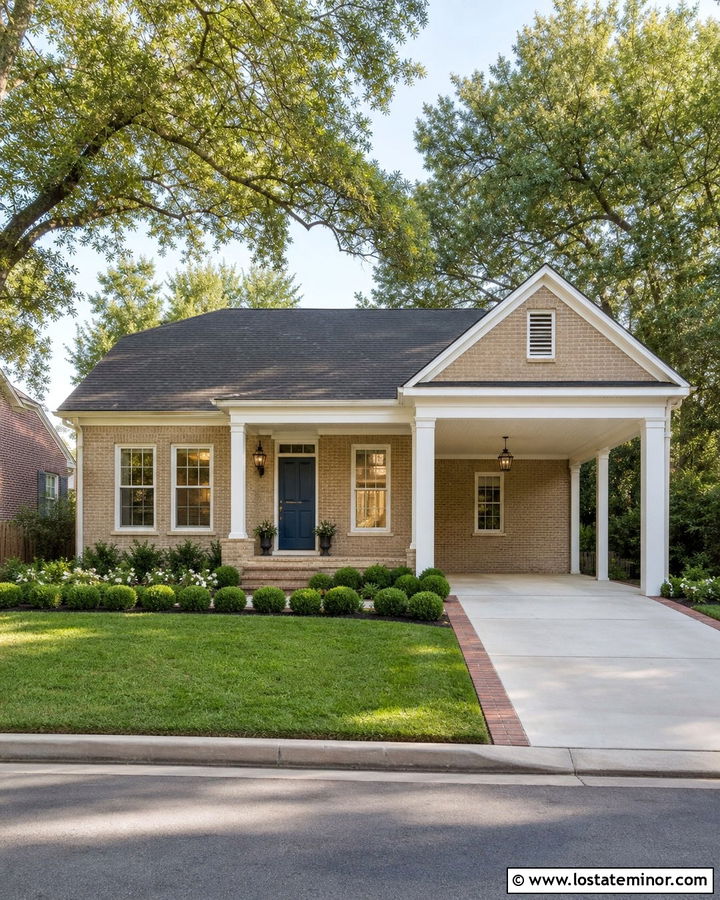 Tan Brick House With White Carport - 30 Tan House Design With Carport Ideas