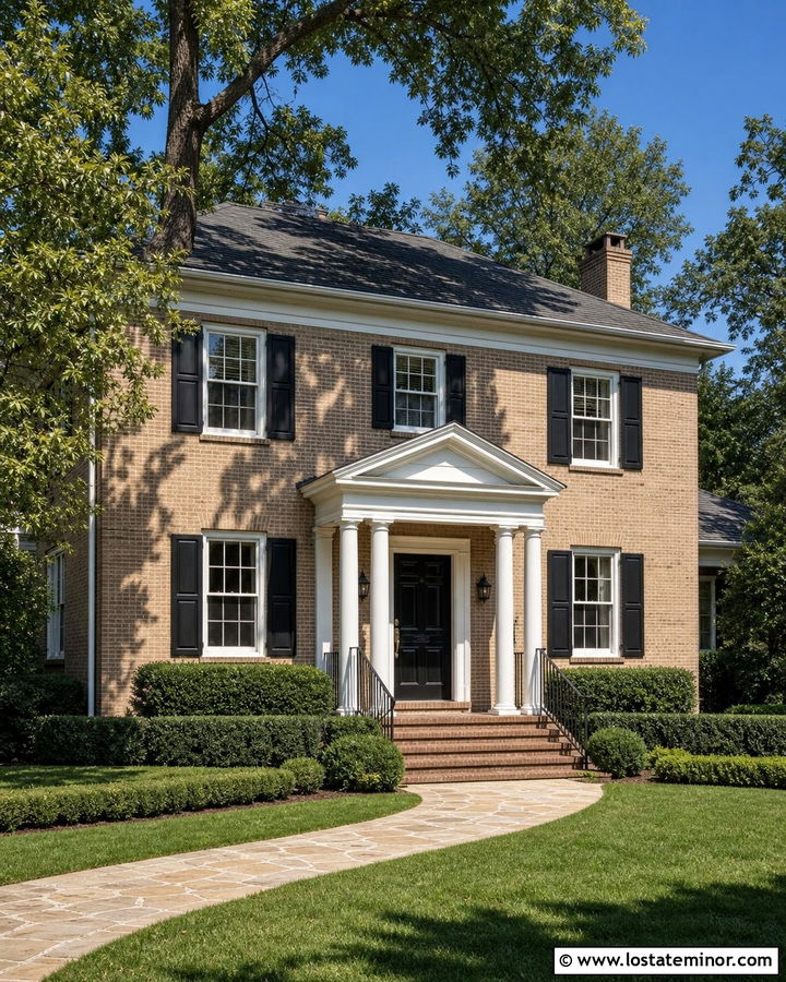 Tan Brick House With White Portico - 30 Tan House Design With Portico Ideas
