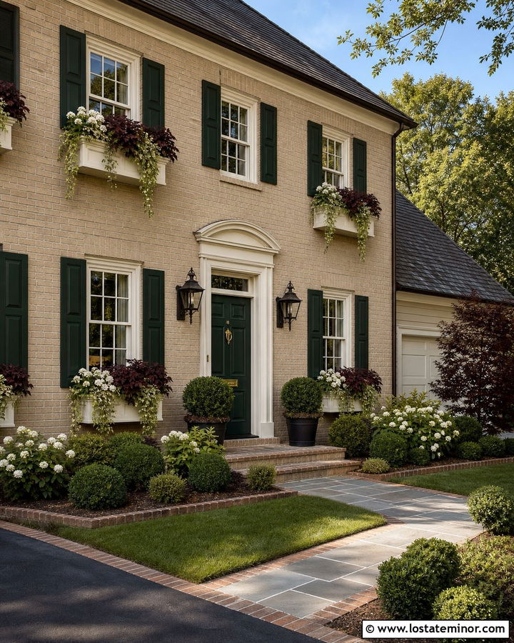 Tan Brick House With White Window Boxes - 30 Tan House Design With Window Boxes Ideas