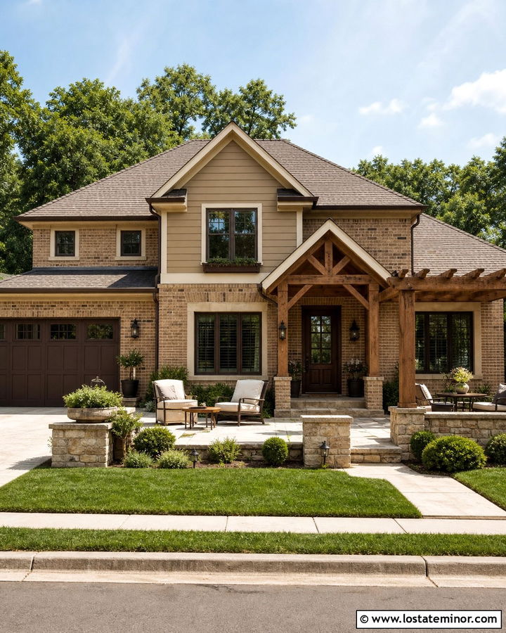 Tan Brick House With Wood Pergola - 30 Tan House Design With Pergola Ideas