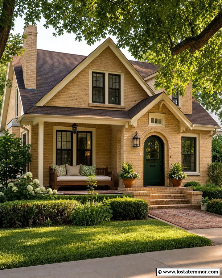 Tan Brick House With Wood Porch Daybed - 30 Tan House Design With Daybed Ideas