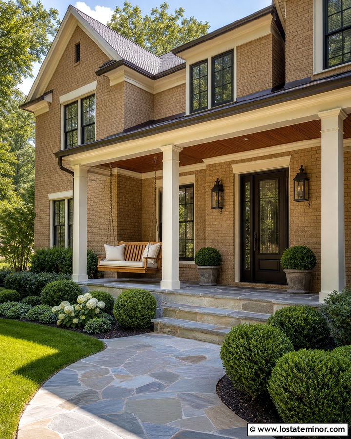 Tan Brick House With Wood Porch Swing - 30 Tan House Design With Swing Ideas