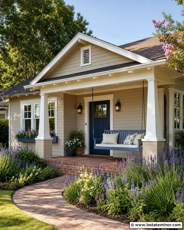 Tan Bungalow With Blue Porch Swing - 30 Tan House Design With Swing Ideas