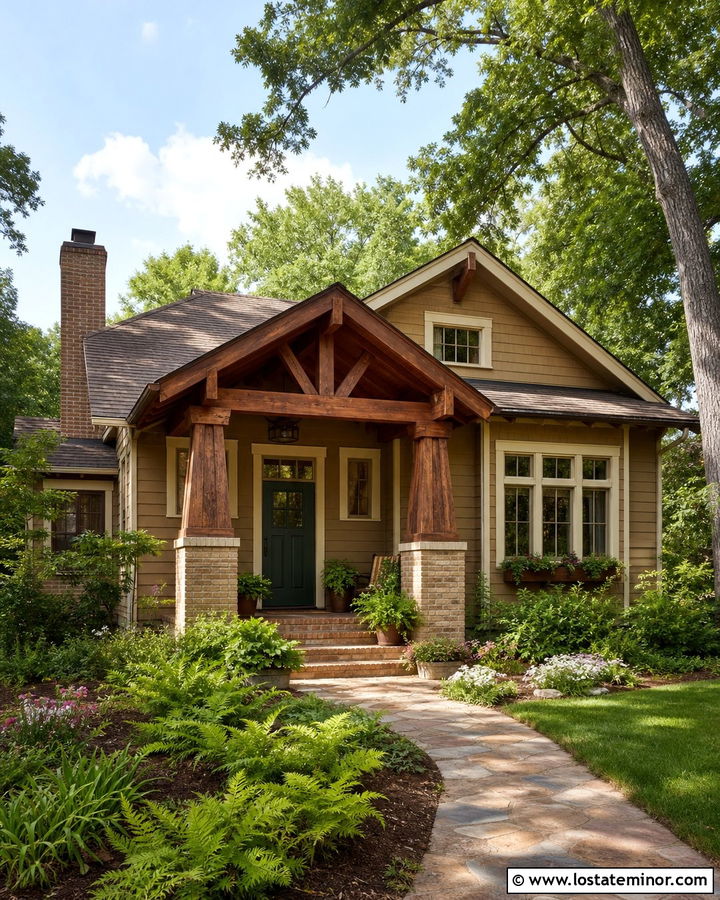 Tan Bungalow With Cedar Portico - 30 Tan House Design With Portico Ideas