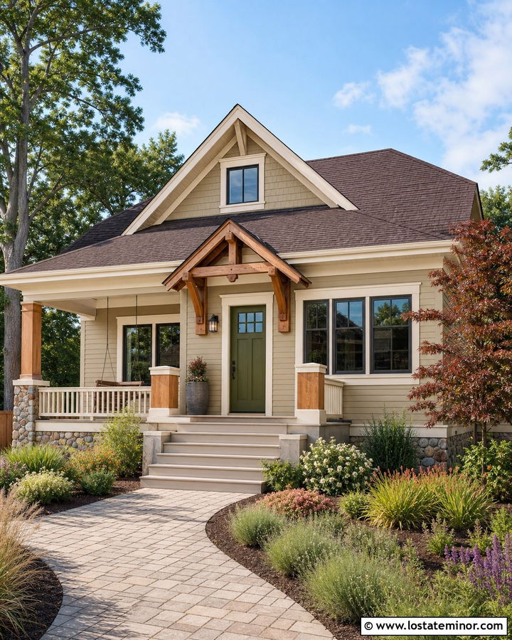 Tan Bungalow With Cedar Wood Awning - 30 Tan House Design With Awning Ideas