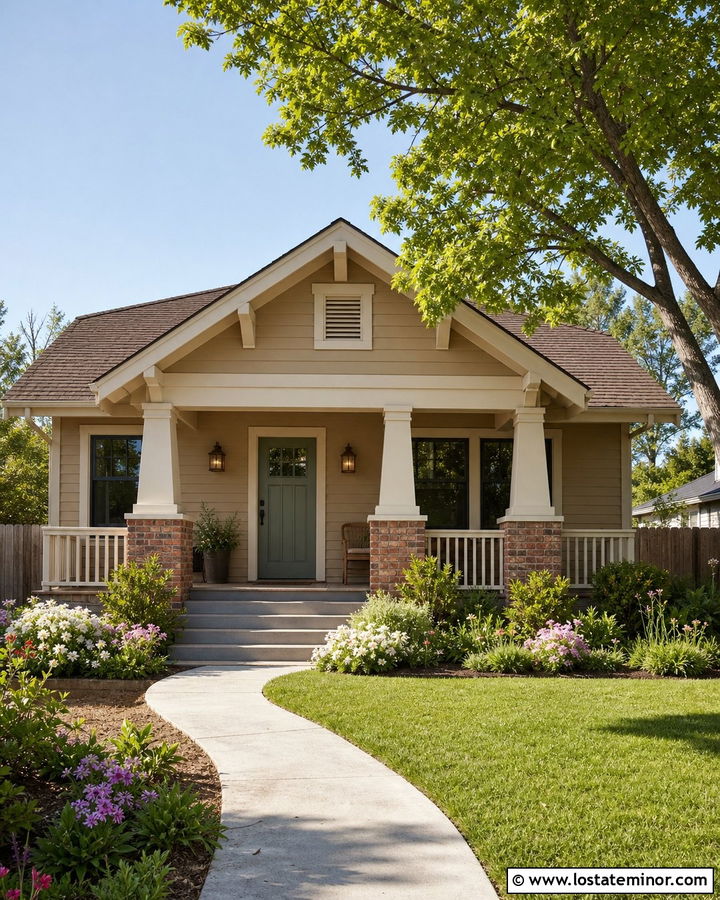 Tan Bungalow With Chunky Porch Columns - 30 Tan House Design With Porch Columns Ideas