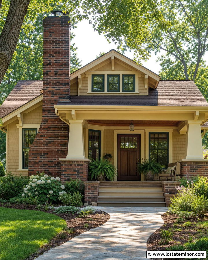 Tan Bungalow With Clinker Brick Chimney - 30 Tan House Design With Chimney Ideas