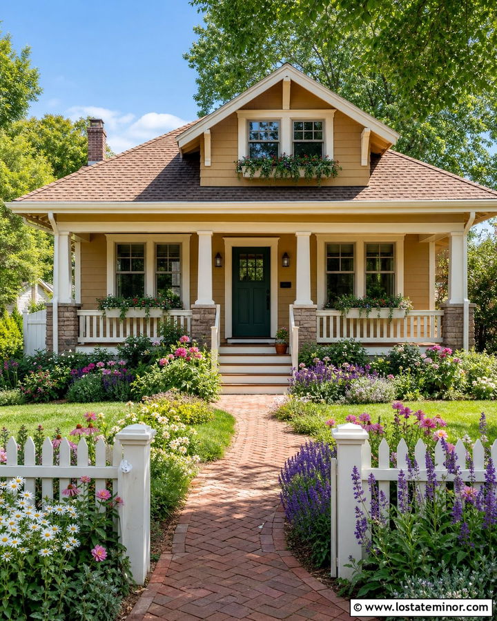 Tan Bungalow With Cottage Garden Landscaping - 30 Tan House Design With Landscaping Ideas