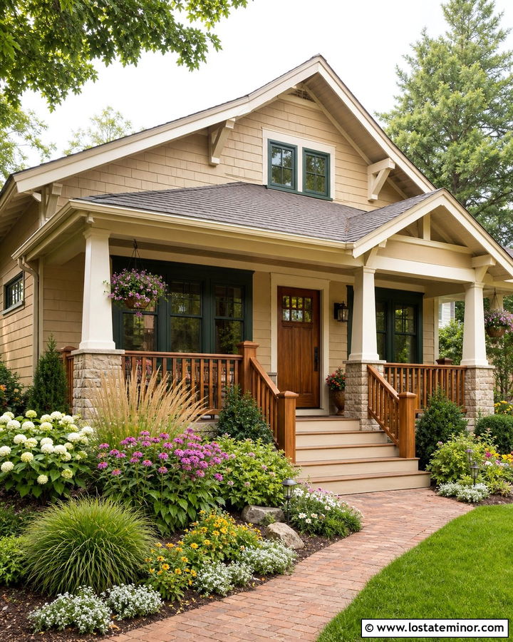 Tan Bungalow With Covered Porch And Layered Planting - 30 Tan House Design With Front Yard Ideas