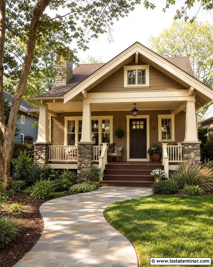 Tan Bungalow With Cream Beadboard Porch Ceiling - 30 Tan House Design With Porch Ceiling Ideas