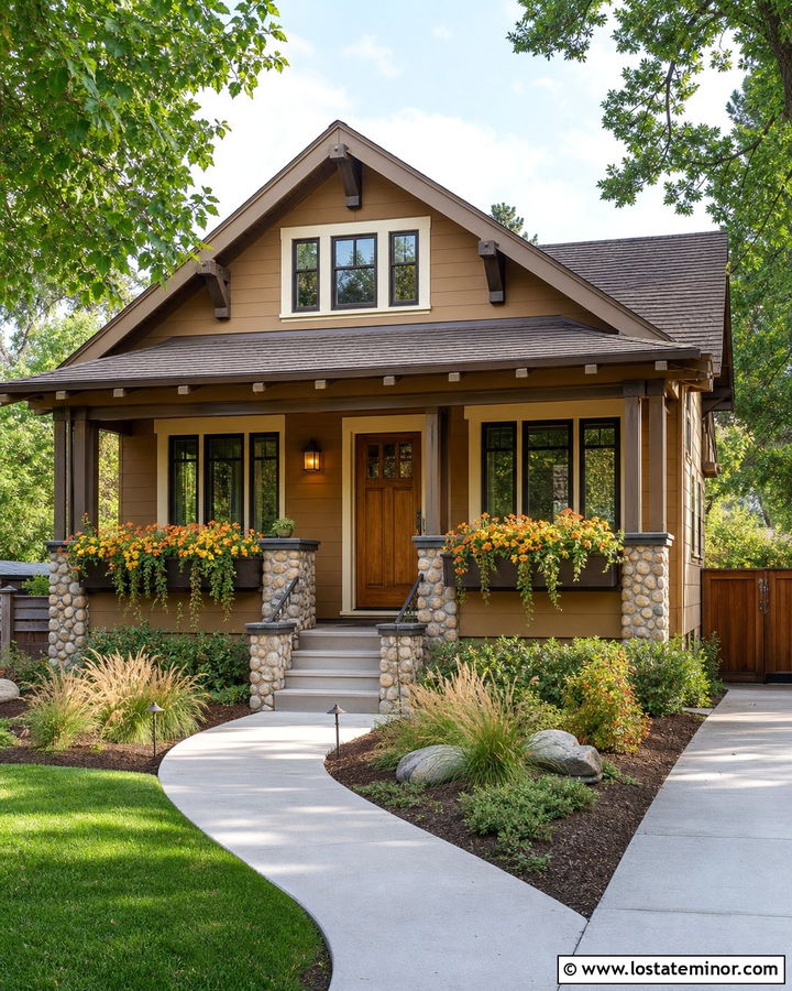 Tan Bungalow With Dark Brown Window Boxes - 30 Tan House Design With Window Boxes Ideas