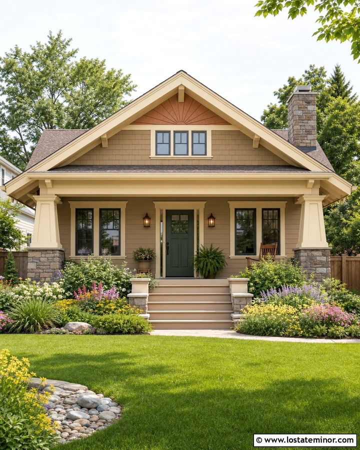 Tan Bungalow With Decorative Gables - 30 Tan House Design With Gables Ideas