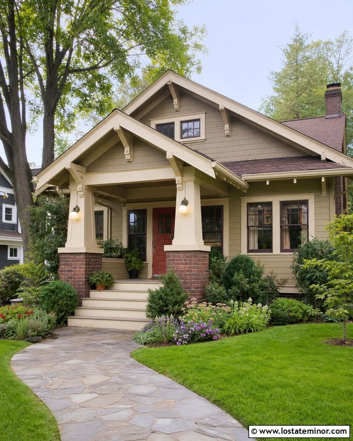 Tan Bungalow With Globe Porch Lights - 30 Tan House Design With Lighting Ideas