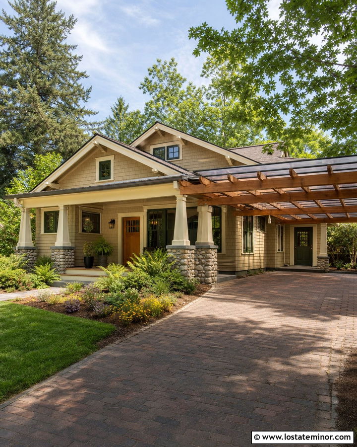 Tan Bungalow With Pergola Carport - 30 Tan House Design With Carport Ideas