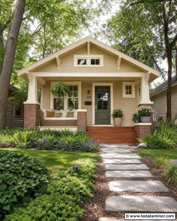 Tan Bungalow With Rattan Porch Daybed - 30 Tan House Design With Daybed Ideas