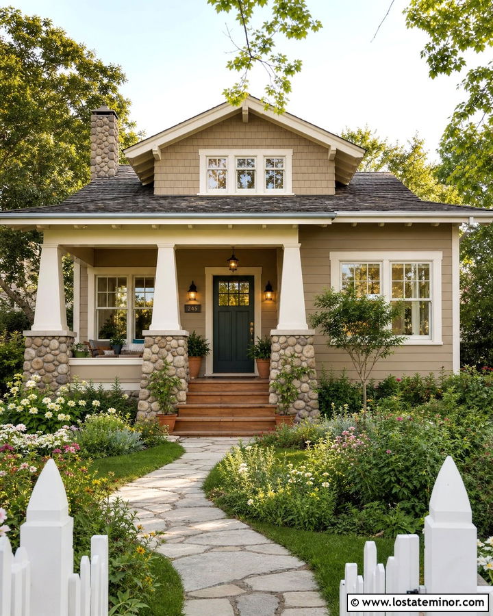 Tan Bungalow With River Rock Porch - 30 Tan House Design With Stone Accents Ideas