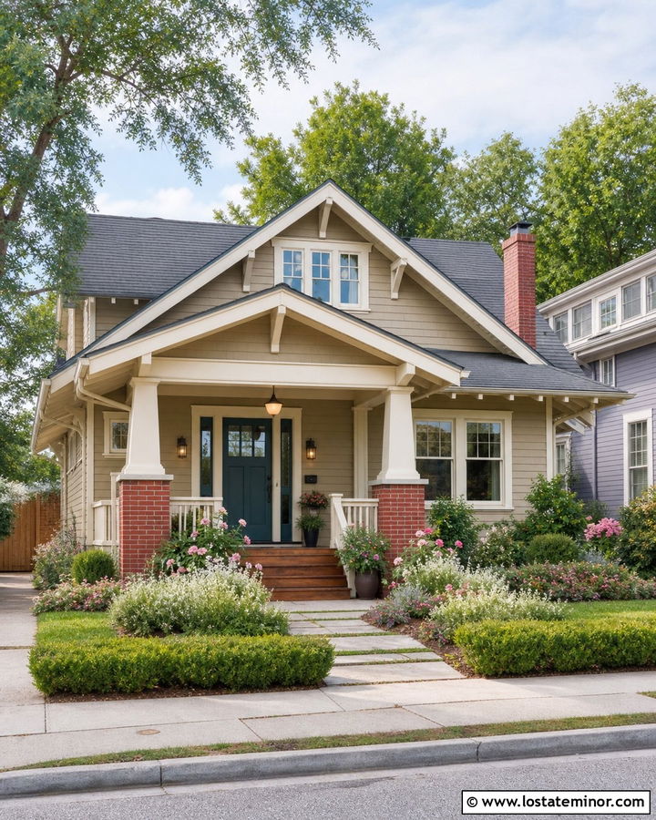 Tan Bungalow With Schoolhouse Porch Light - 30 Tan House Design With Light Fixtures Ideas