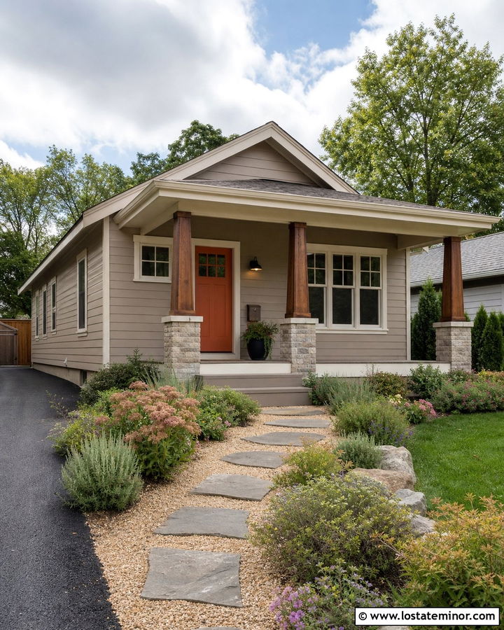 Tan Bungalow With Stepping Stone Walkway - 30 Tan House Design With Walkway Ideas