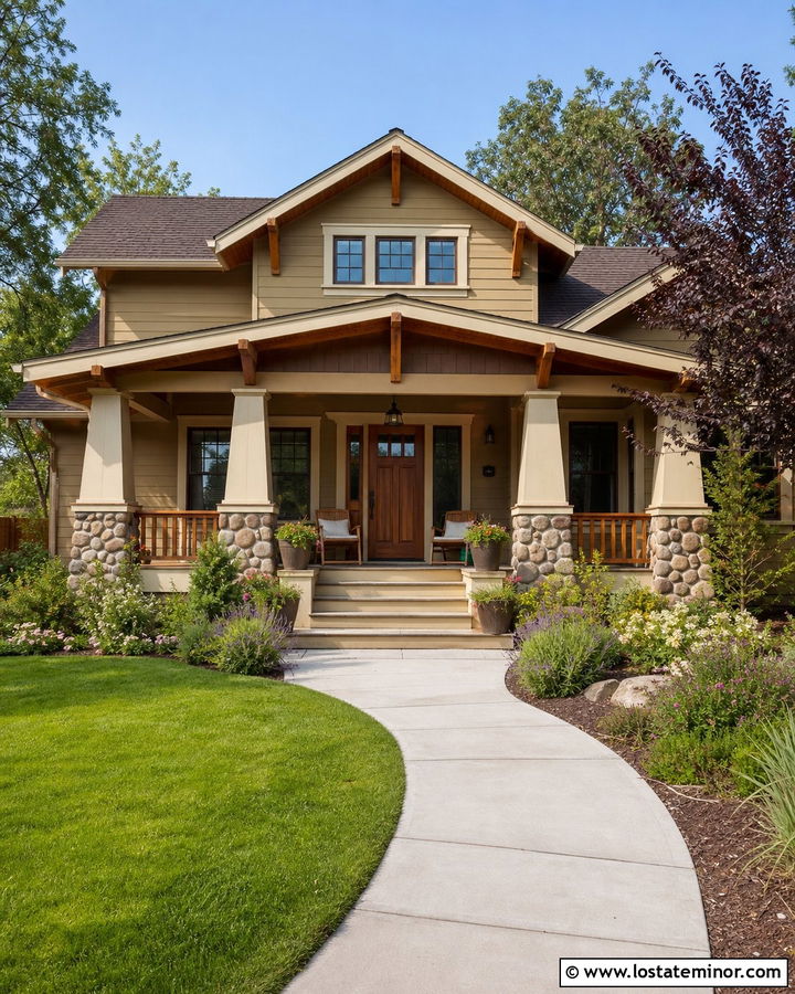 Tan Bungalow With Tapered Porch Columns - 30 Tan House Design With Front Porch Ideas