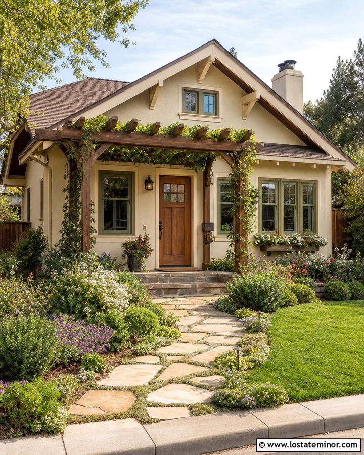 Tan Bungalow With Vine Covered Pergola - 30 Tan House Design With Pergola Ideas