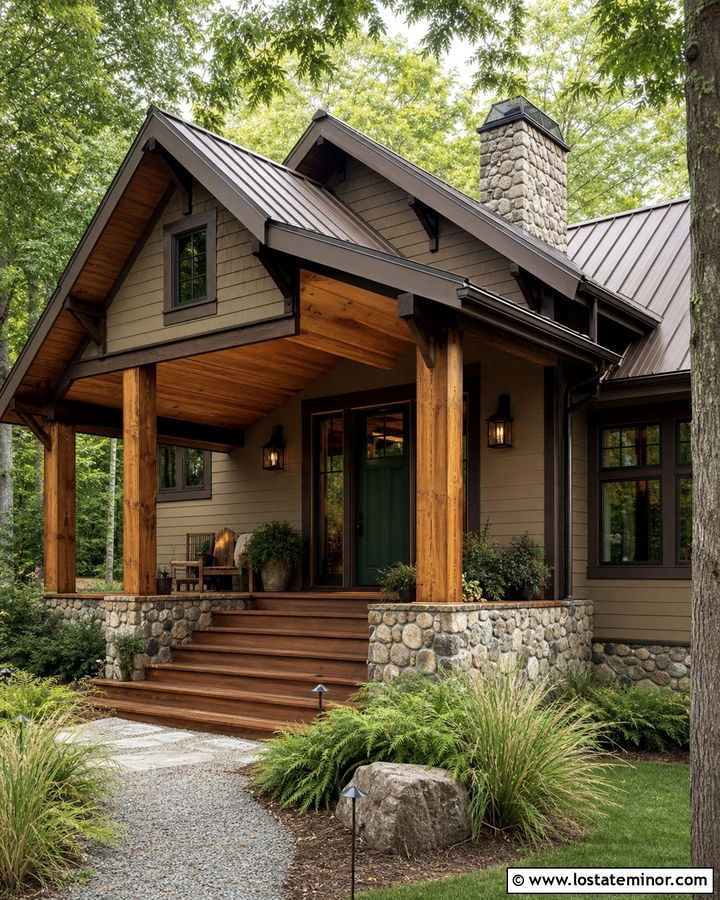Tan Cabin With Knotty Pine Porch Ceiling - 30 Tan House Design With Porch Ceiling Ideas