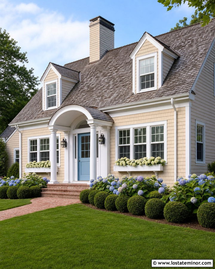Tan Cape Cod House With Arched Portico - 30 Tan House Design With Portico Ideas