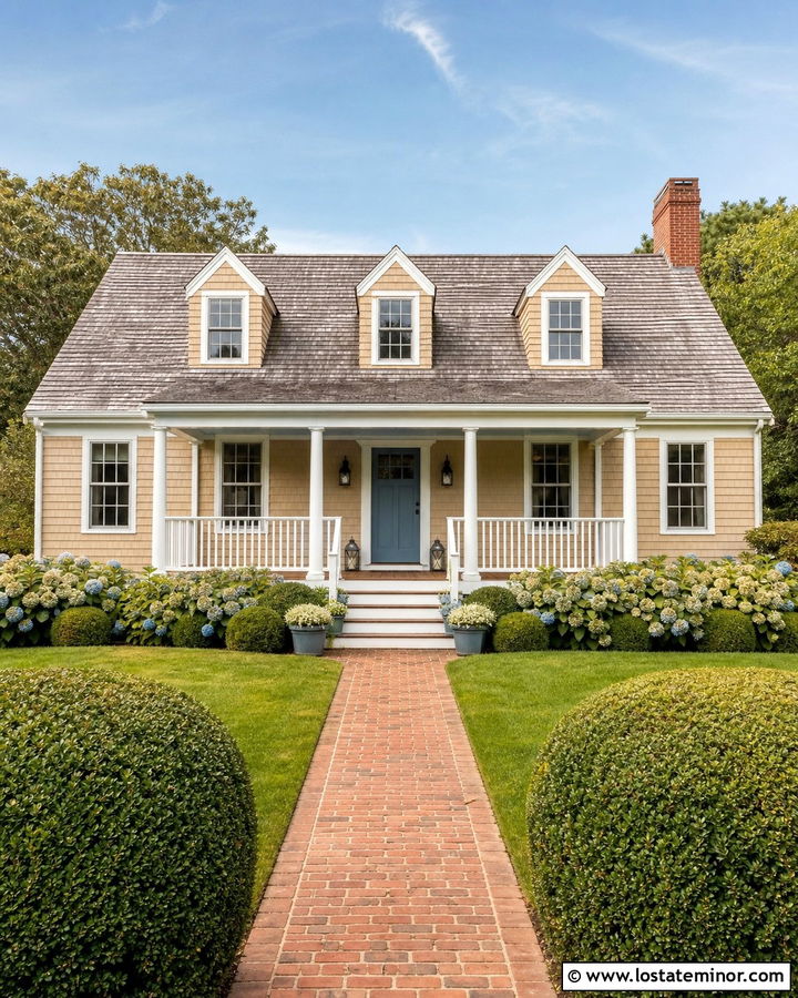 Tan Cape Cod House With Blue Front Porch - 30 Tan House Design With Front Porch Ideas