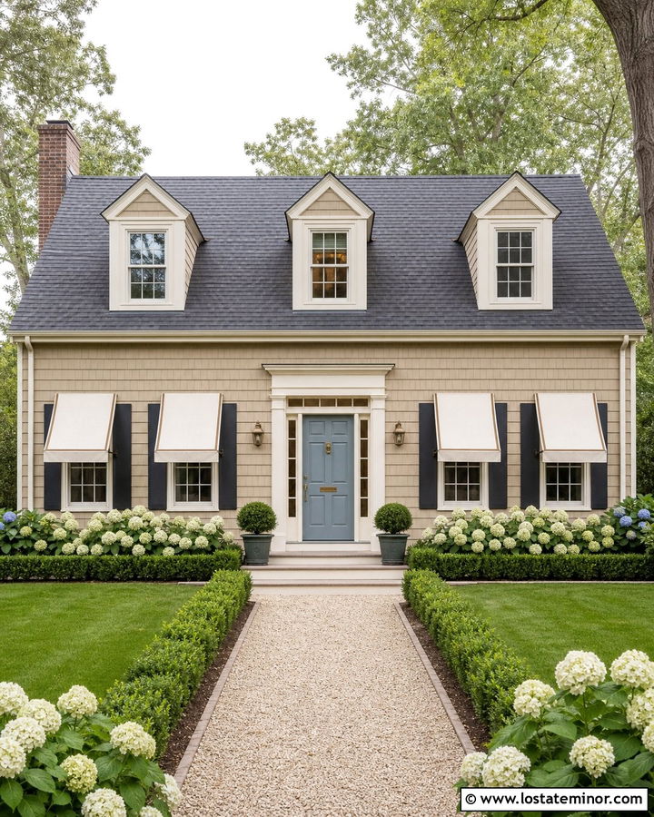 Tan Cape Cod House With Cream Fabric Awnings - 30 Tan House Design With Awning Ideas