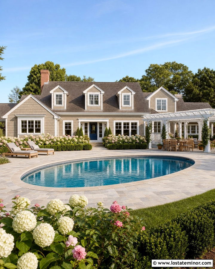 Tan Cape Cod House With Oval Pool - 30 Tan House Design With Swimming Pool Ideas