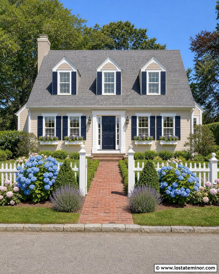 Tan Cape Cod House With Picket Fence Garden - 30 Tan House Design With Front Yard Ideas