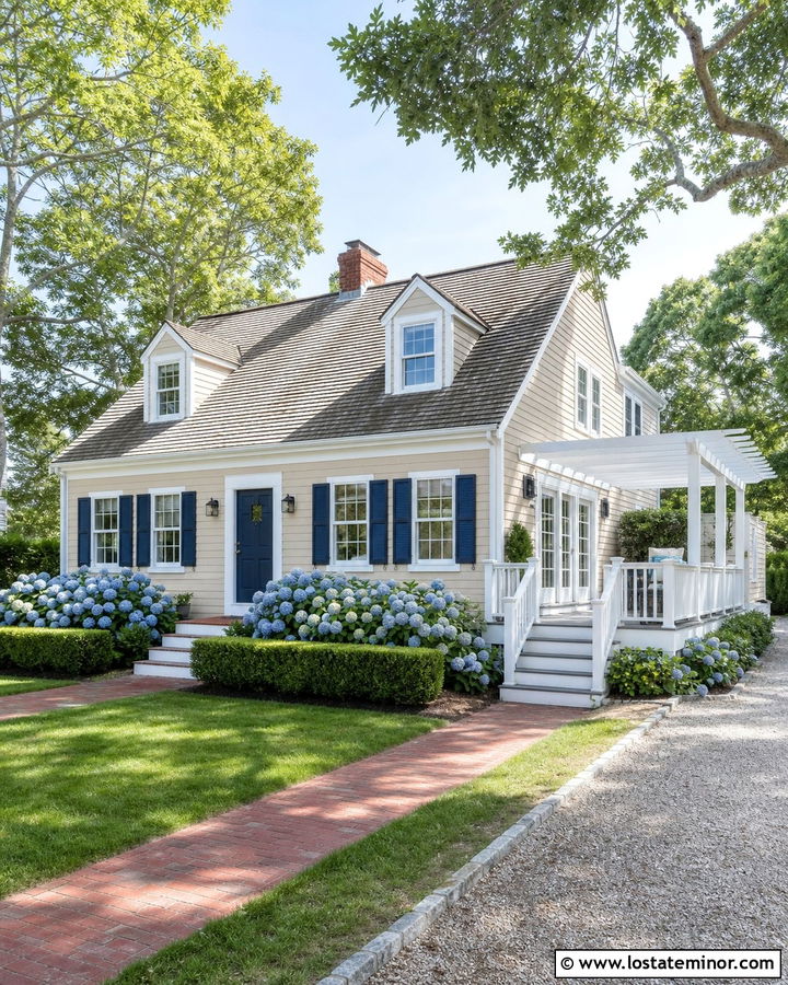 Tan Cape Cod House With White Deck Pergola - 30 Tan House Design With Pergola Ideas
