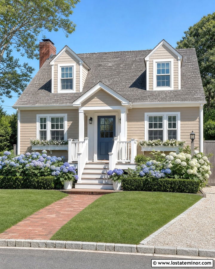 Tan Cape Cod House With White Deck Railing - 30 Tan House Design With Deck Ideas