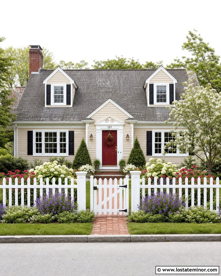 Tan Cape Cod House With White Picket Fence - 30 Tan House Design With Landscaping Ideas
