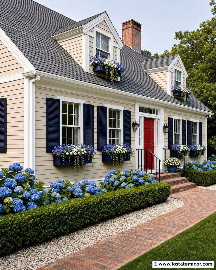 Tan Cape Cod With Navy Window Boxes - 30 Tan House Design With Window Boxes Ideas