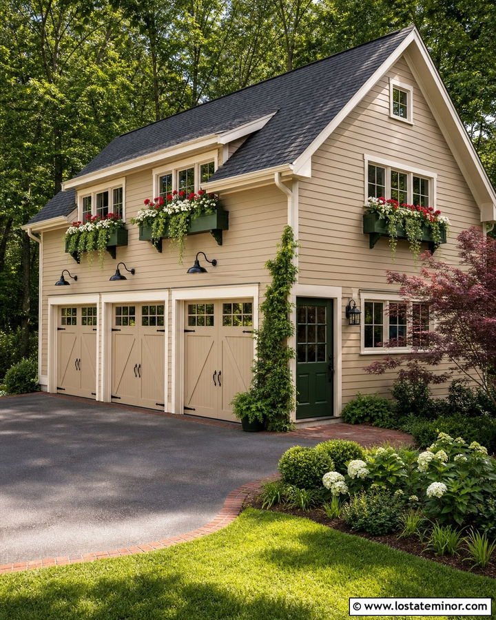 Tan Carriage House With Green Window Boxes - 30 Tan House Design With Window Boxes Ideas
