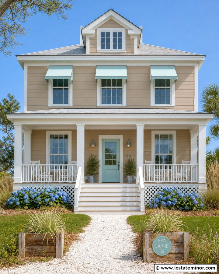 Tan Coastal Cottage With Aqua Awnings - 30 Tan House Design With Awning Ideas