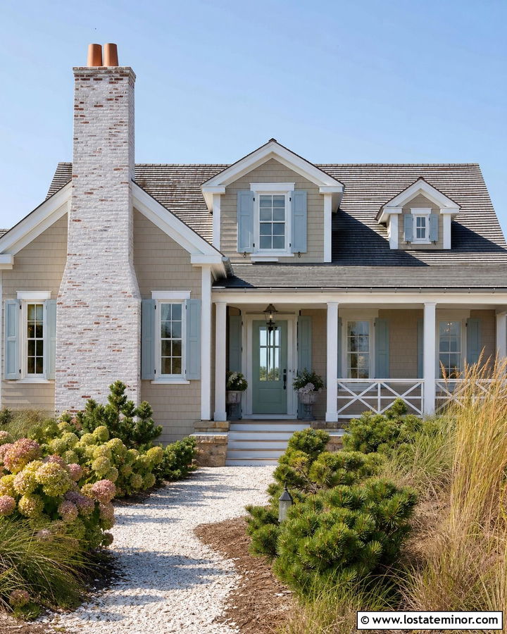 Tan Coastal Cottage With Whitewashed Brick Chimney - 30 Tan House Design With Chimney Ideas