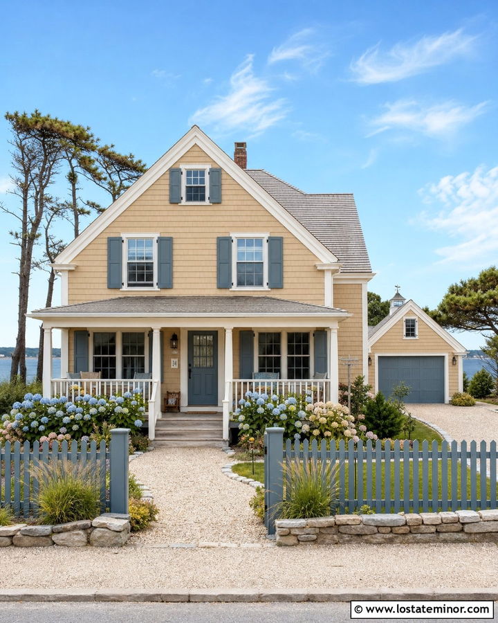 Tan Coastal House With Blue Gray Fence - 30 Tan House Design With Fence Ideas