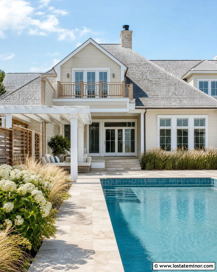 Tan Coastal House With Blue Pool Tile - 30 Tan House Design With Swimming Pool Ideas