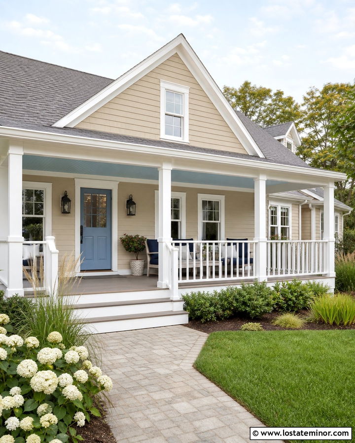 Tan Coastal House With Blue Porch Ceiling - 30 Tan House Design With Front Porch Ideas