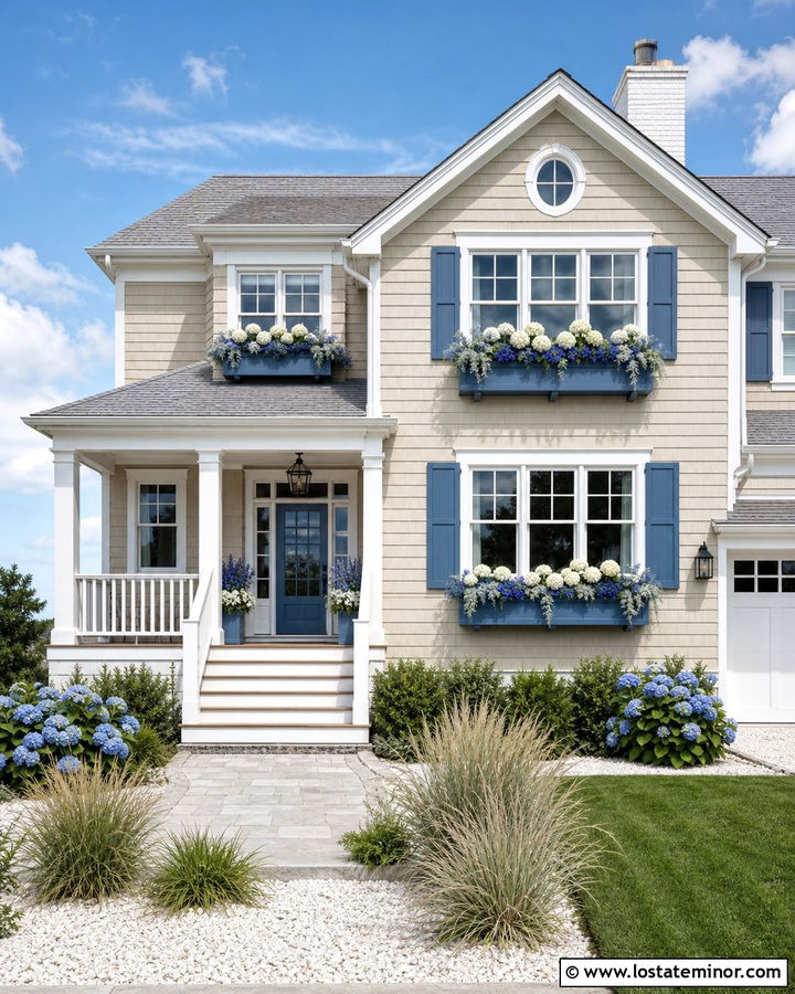 Tan Coastal House With Blue Window Boxes - 30 Tan House Design With Window Boxes Ideas