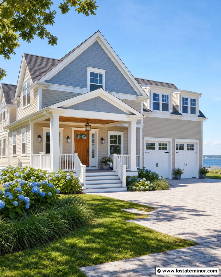 Tan Coastal House With Gabled Porch - 30 Tan House Design With Gables Ideas