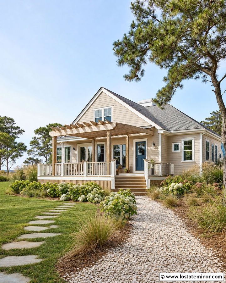 Tan Coastal House With Natural Wood Pergola - 30 Tan House Design With Pergola Ideas