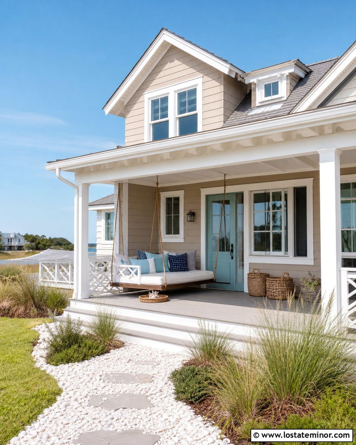 Tan Coastal House With Rope Hanging Daybed - 30 Tan House Design With Daybed Ideas